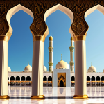 **Image of Islamic Practices**: Create an illustration depicting the five pillars of Islam, highlighting elements like the Shahada (faith declaration), Salah (prayer), Zakat (charity), Sawm (fasting), and Hajj (pilgrimage). Include symbols representing each pillar, with a serene background reflecting Islamic architecture.