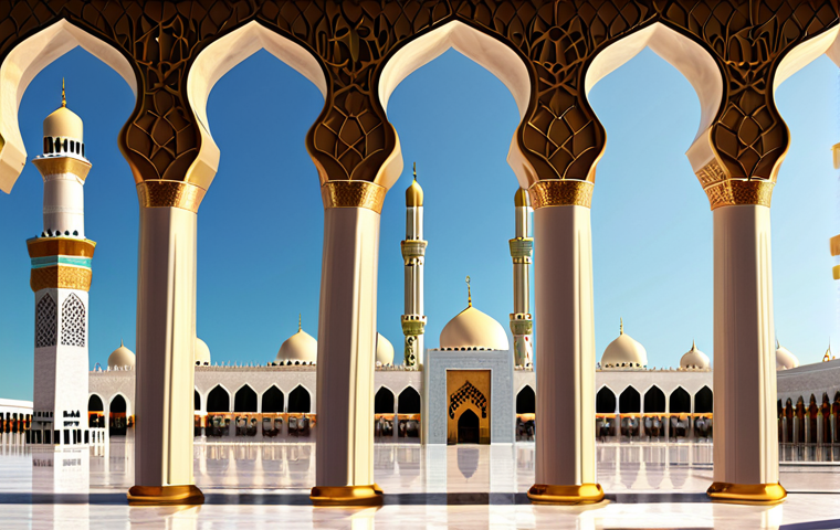**Image of Islamic Practices**: Create an illustration depicting the five pillars of Islam, highlighting elements like the Shahada (faith declaration), Salah (prayer), Zakat (charity), Sawm (fasting), and Hajj (pilgrimage). Include symbols representing each pillar, with a serene background reflecting Islamic architecture.